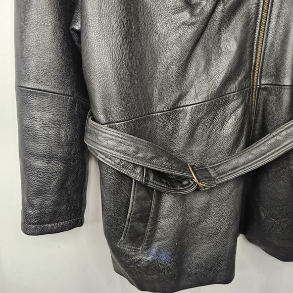 Vtg 90s Tannery West Black Leather Jacket Mens Large Belted Coat Faux Fur Trim - Picture 5 of 14